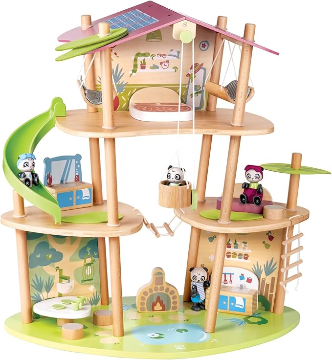 Hape Pandas’ Bamboo House, Green Planet Explorers | Educational Toy Doll House with Furniture, for Children Ages 3+ Years