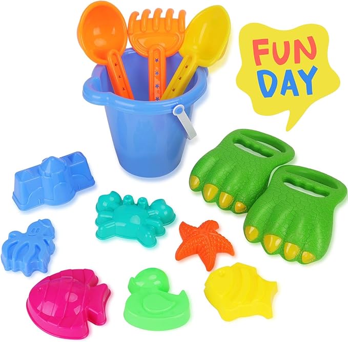 Liberty Imports 13 PCS Beach Sand Toys, Dinosaur Claw Hand Scoop Play Set with Bucket, Shovel Tools, Animal and Castle Sand Molds - Beach Sandbox Toys for Toddlers & Kids