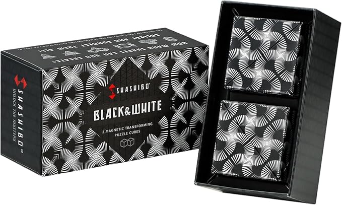 Shashibo Shape Shifting Box - Award-Winning, Patented Fidget Cube w/ 36 Rare Earth Magnets - Transforms Into Over 70 Shapes, Gift Box, Download Fun in Motion Toys Mobile App (Black & White, 2 Pack)