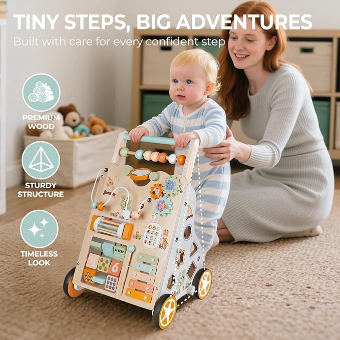 Baby Push Walker, Wooden Baby Walker with Wheels, Montessori Activity Center for 1 2 3 Years Old Boys Girls, Adjustable Speed & Height Push Toy for Toddlers, Educational Gift for 1+ Kids Development