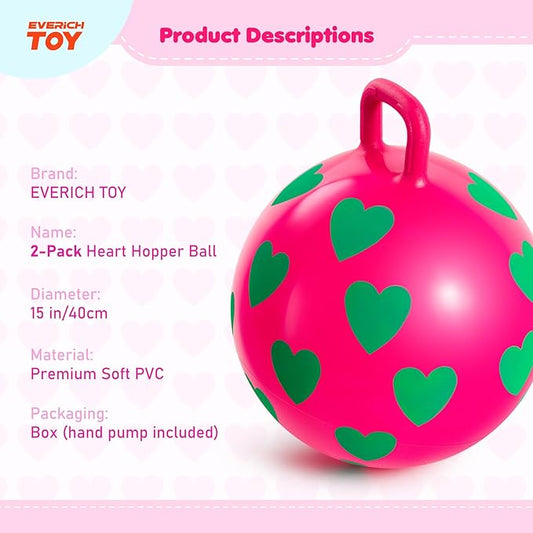 EVERICH TOY 2-Pack Hopper Ball, 15In Hippity Hop Balls for Kids 3-6, Heart Bouncy Ball with Handle, Indoor Outdoor Inflatable Christmas Hopping ToysGifts for Girls Boys