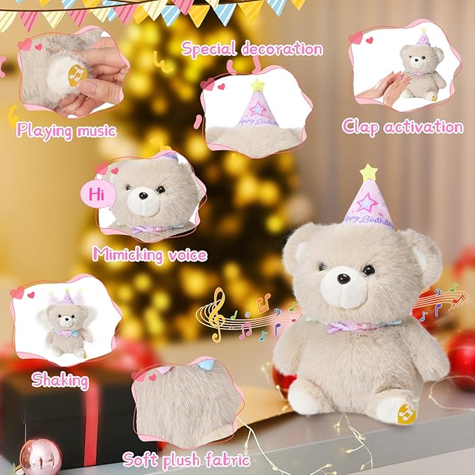 Birthday Bear Plush Toy Clap Activated with Voice Recording Singing Dancing Interactive Stuffed Animal Gift for Toddler Kids Boys Girls