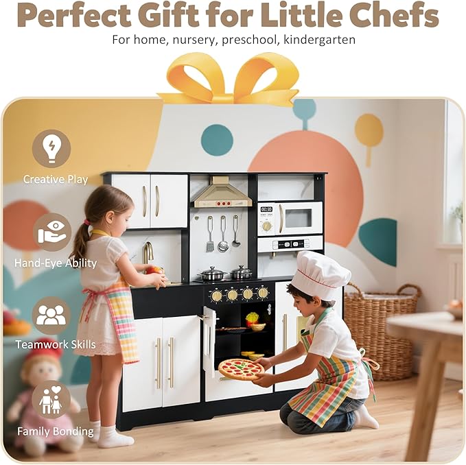 Kids Kitchen Playset, Wooden Play Kitchen with Toy Storage System, Pretend Play Kitchen Set Toy with Range Hood, Ice Maker & Coffee Maker, for Kids Ages 3+, Black