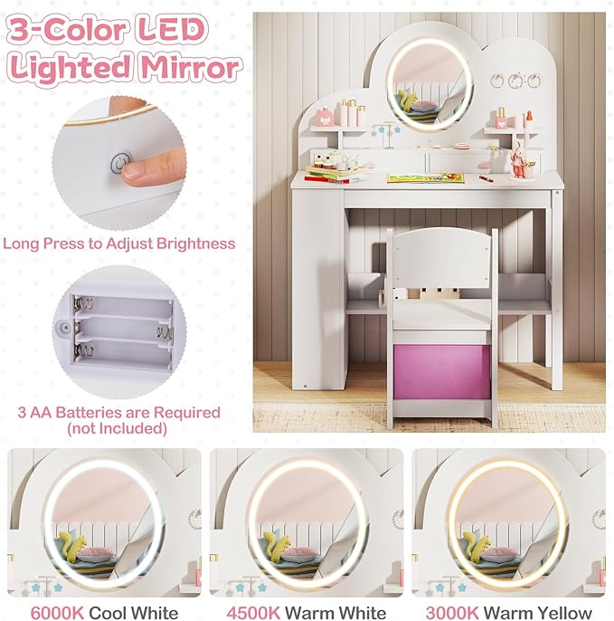 HONEY JOY Kids Vanity with Lights and Open Bookshelf, Cloud Princess Makeup Dressing Desk, Drawers, Wooden Pretend Play Toddler Vanity Table & Chair Set with Lighted Mirror for Little Girls (White)