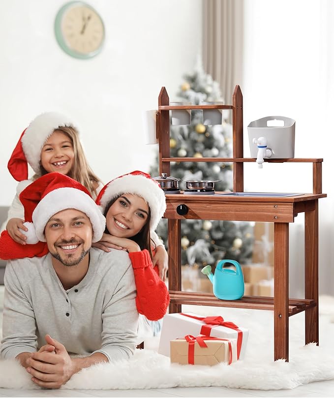 ROBUD Mud Kitchen for Kids Outdoor, Wooden Outdoor Play Kitchen, Kids Mud Kitchen with Removable Sink & Faucet, Monteeori Toys for Children Ages 3+ Years, WG404