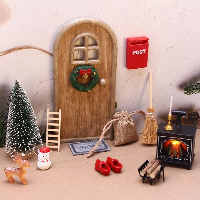 15Pcs Christmas Fairy Door Decorations, Mini Wooden Enchanted Doors, DIY Dollhouse Accessories for Decoration, Tiny Outdoor Decor for Girl Boys Xmas Accessories Fairy Tale