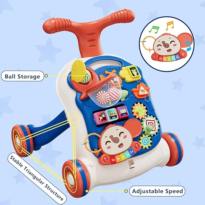 QDRAGON 3 in 1 Baby Walker and Activity Center for Boy, Learning to Walk, Sit to Stand, Early Educational Push Toys with Music Panel for Infant Toddler 12+ Months Blue