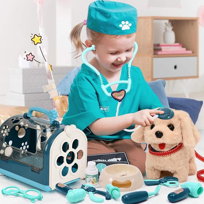 G.C 22Pcs Dog Toys for Kids Doctor Kit, Walking Barking Electronic Interactive Stuffed Dog Vet Kit Costume Pretend Play Puppy Pet Care Veterinarian Playset, Gifts for Kids Girls 3 4 5 6+ Year Old