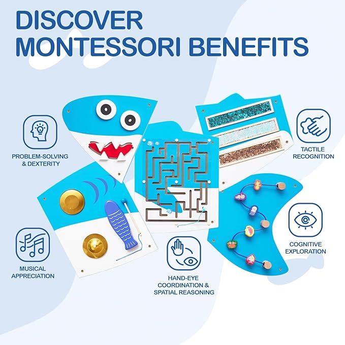 Monläurd® Shark Montessori Busy Board, Sensory Board, Educational Toys, Sensory Wall Panel, Wall Toys, Daycare Furniture, Playroom Furniture, Learning Toys, Boys and Girls 6 M+