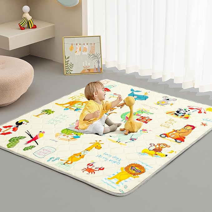 Baby Play Mat - Thicken 50x50 Inch Soft Foam Crawling Mat for Playpen & Floor, Non-Slip Waterproof Playmats for Infants & Toddlers, Portable Foldable & Machine Washable, Beach Animals