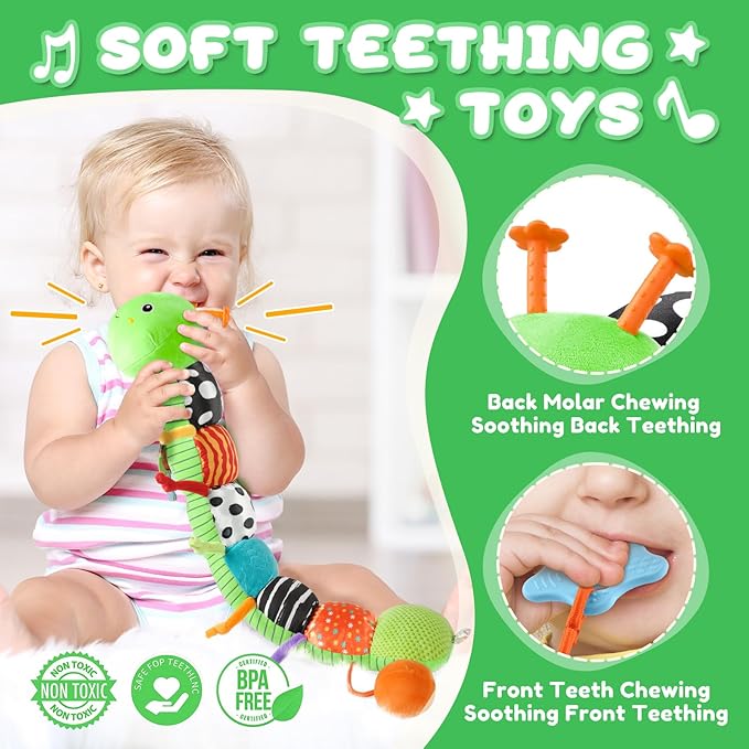 Baby Toys 0-6-12 Months,Musical Caterpillar Stuffed Animals Activity Infant Toys with Crinkle,Rattles,Mirror&Pull String,Muti-Sensory Toys Gifts for Newborn Tummy Time,Green,Knot prolegs