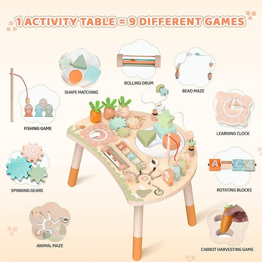 Wooden Activity Table, 9-in-1 Montessori Sensory Play Table with Shape Sorter Fishing Game Bead Maze, Baby Activity Center Learning Toys for Toddler