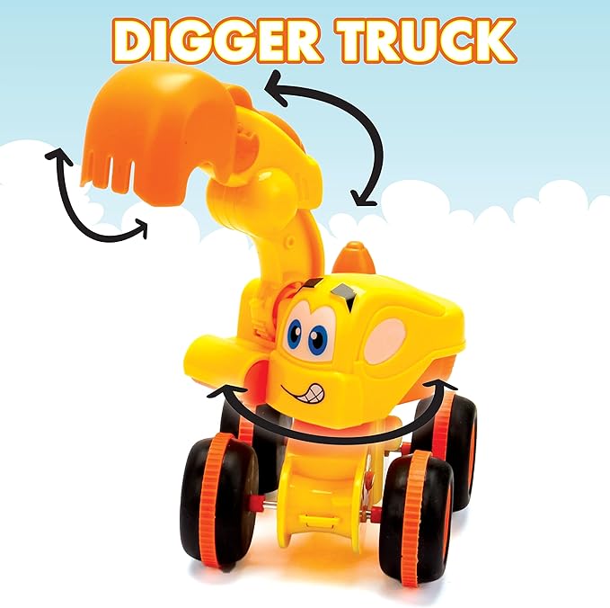 MOBIUS Toys Cartoon Builders Truck Set with Playmat & 16 Accessories – 3-Pack Push & Go Construction Vehicles for Toddlers Ages 2–5 – Dump Truck, Mixer, Bulldozer & Excavator, Gift Playset