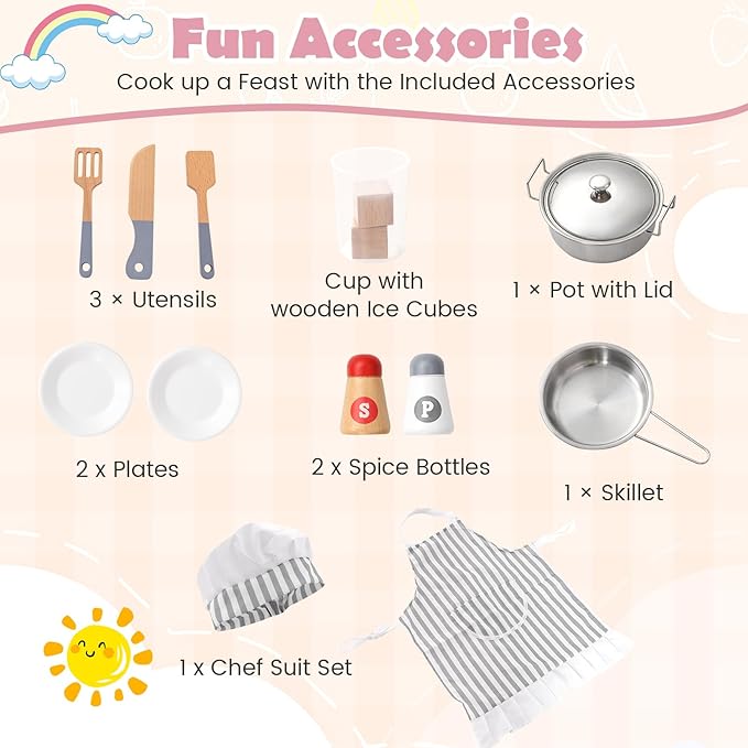 MAT EXPERT Kitchen Playset, Corner Kids Kitchen Playset with Ice Make, Washing Machine, Microwave, Sink, Range Hood, Toy Kitchen, Wooden Play Kitchen for Toddler, Gift for Boys Girls (Pink)