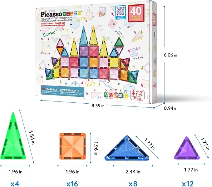 PicassoTiles Magnetic Tiles Building Blocks Mini Size Diamond Series Magnet Toys Travel Size On-The-Go Magnets Construction Sensory Toys Gifts Educational Set Toddlers STEM Learning Kit Playset PTM40