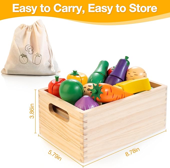 Wooden Play Food for Toddlers, Fruit and Veggies Cutting Set for Kids, Pretend Food Play Kitchen Accessories for 3 4 5 6 7 Years Old Boys & Girls