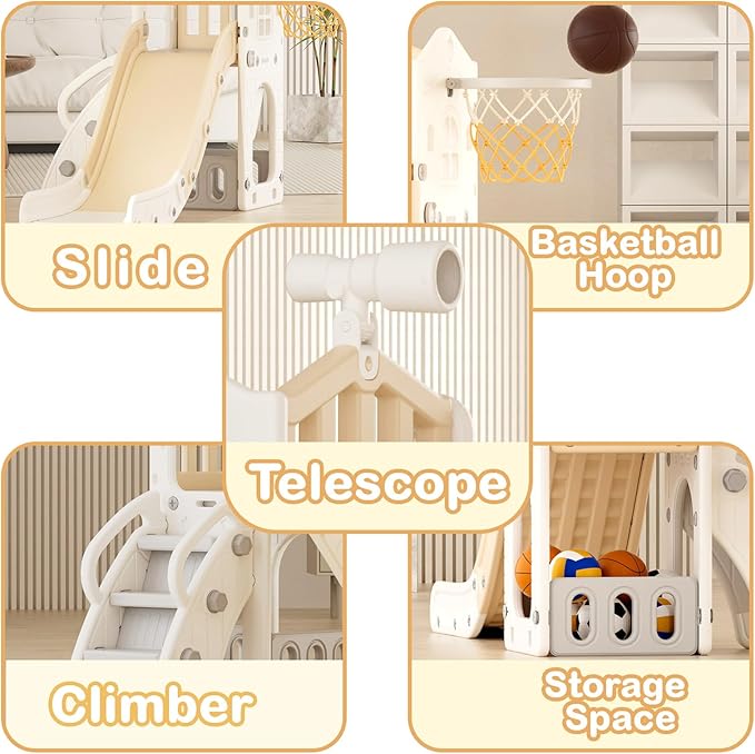 XJD 5 in 1 Toddler Slide, Kids Slide for Toddlers Age 1-3, Outdoor Indoor Playset for Toddlers with Basketball Hoop and Ball, Storage Space Christmas Birthday Gifts for Toddler (Beige)