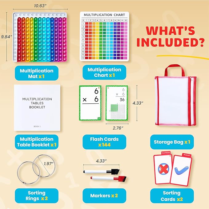 JoyCat Multiplication Flash Cards + Chart- 156 Hole Punched Math Game Flashcards for Kids Ages 8 and Up, Times Table Manipulatives for Preschoolers 3rd,4th,5th,6th Grade
