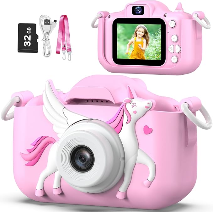 Goopow Kids Selfie Camera Toys for Girls Age 3-9, Digital Video Camera Toy with Protective Cover,Christmas Birthday Festival Gifts for 3-9 Year Old Girls Boys- 32GB SD Card Included