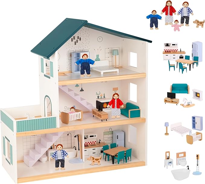 OOOK Wooden Dollhouse for Kids, Doll House with Simulated Luxury Furniture Set, Dollhouse Playset for Girls Toddlers (Including 4 Family Dolls and a Dog)