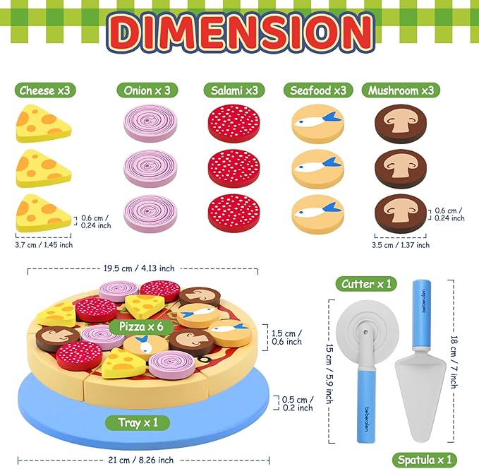 Wooden Pizza Play Food Set - 24 Pcs Cutting Toys, Pretend Play Kitchen Accessories for 3-5 Year Old Toddlers Boys & Girls