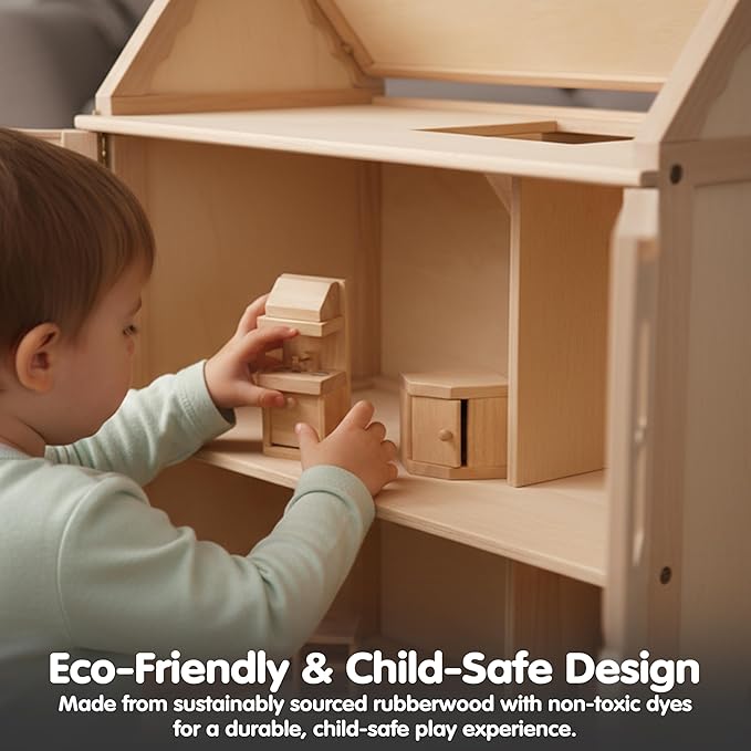 PlanToys Wooden Classic Line of Dollhouse Furniture- Kitchen Set (9013) | Sustainably Made from Rubberwood and Non-Toxic Paints and Dyes |PlanNatural Classic Wooden Toy Collection