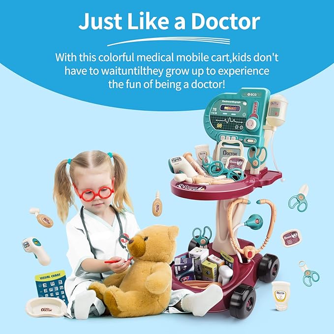 Deejoy Toy Doctor Kit for Kids，Doctor Role Play Costume，Medical Bag，Eye Chart，Thermometer，Stethoscope，Pulse Machine，24 Piece Pretend Medical Station Set for Boys & Girls ，Great Gift for Toddler
