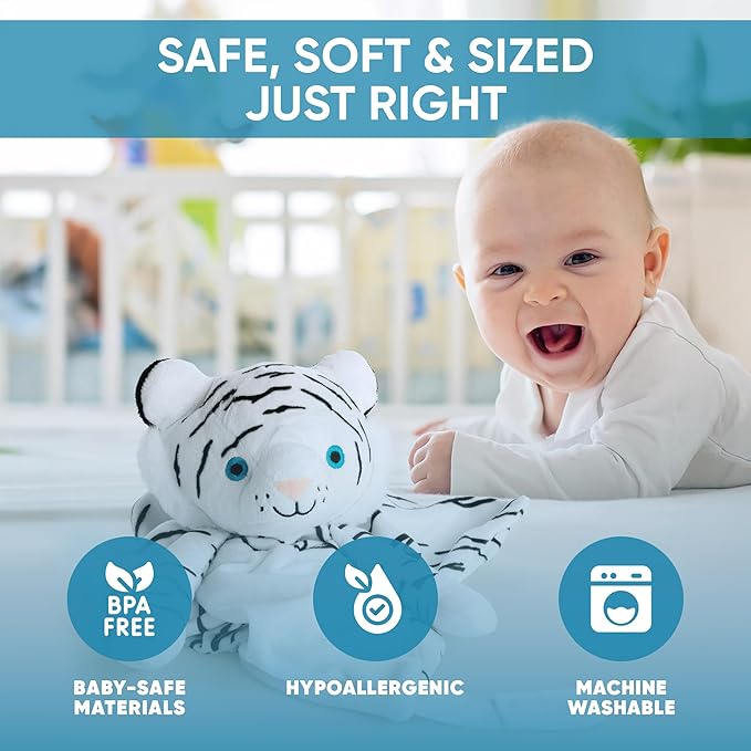Love By Emi Baby Sleep Soother White Tiger Plush with Heartbeat & Lullaby Sounds, 4-in-1 Sound Machine, Security Blanket & Pacifier Holder, Baby Registry Essential for Newborns, Infants & Toddler