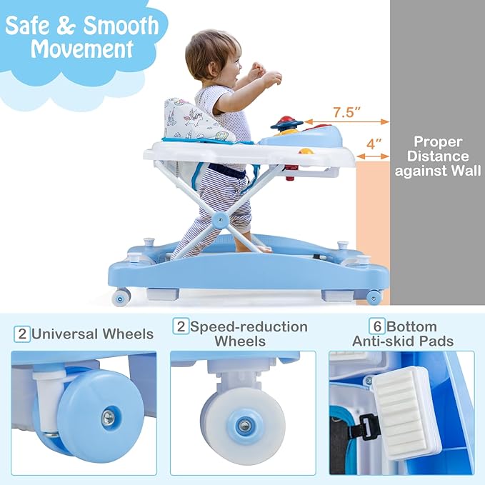 HONEY JOY Baby Walker, 6-in-1 Foldable Baby Walker and Bouncer Combo, Infant Activity Walker with Wheels, Adjustable Heights, Rocker, Music, Lights, Walker for Baby Boy Girl 7-14 Months (Blue)