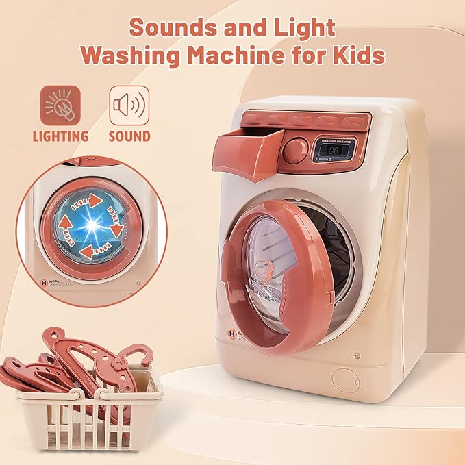 deAO Toy Washing Machine & Vacuum Playset for Kids, Mini Washing Machine Laundry Set for Kids,Dollhouse Furniture Laundry Room Washer and Iron Set Kids Cleaning Set for Boys & Girls