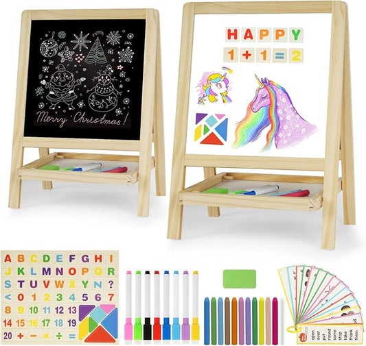 Kids Tabletop Double-Sided Wooden Art Easel - Chalkboard & Whiteboard Painting Board for Toddlers, Dry-Erase Classroom Desk Easel with Chalk, Markers, Eraser, Magnetic Letters/Numbers & Flashcards