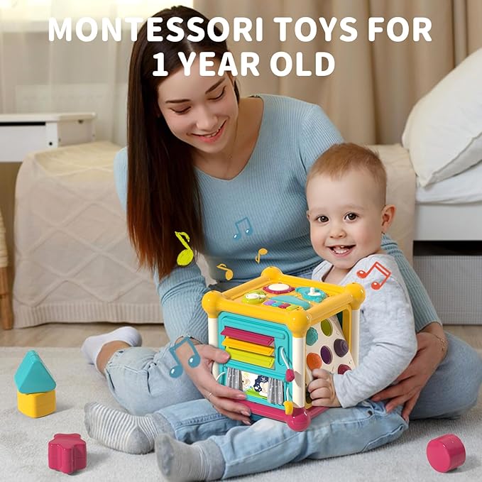 Baby Activity Cube, Cube Toys for Babies 6-12 Months, Toddler Music Busy Board with 4 Sensory Shape Blocks, 6-in-1 Educational Early Development Toy, Christmas, Birthday Gift for 1 Year Old