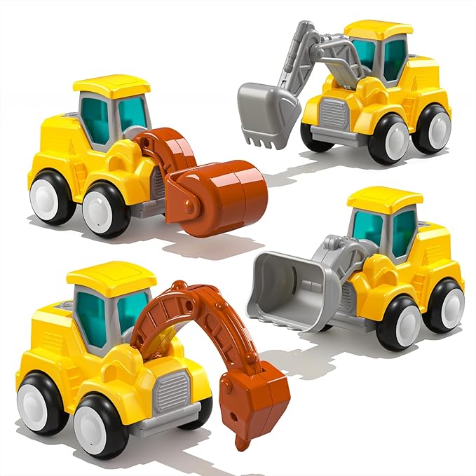 Press and Go Construction Vehicle Trucks Toys for Toddlers 2-4, 4 PCS Car Trucks for Boys Girls with Flexible Joints, Kids Toddlers Toys for 3 4 5 6 Years Old Boys Girls Birthday Gifts