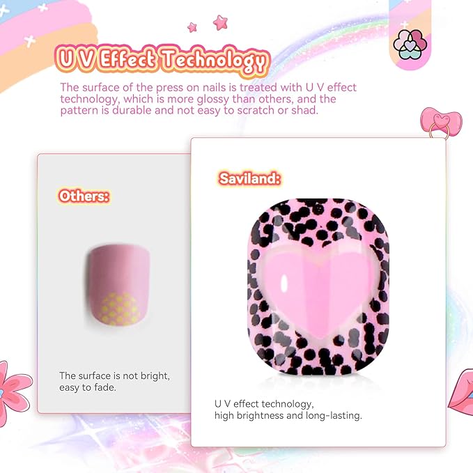 SAVILAND Press on Nails for Kids 7-day Styling: 168PCS Kids Press on Nails for Girls Colorful Patterns Full Cover Short Square Fake Nails False Nail Art Set Christmas Easter Gifts 8-12 Years Child