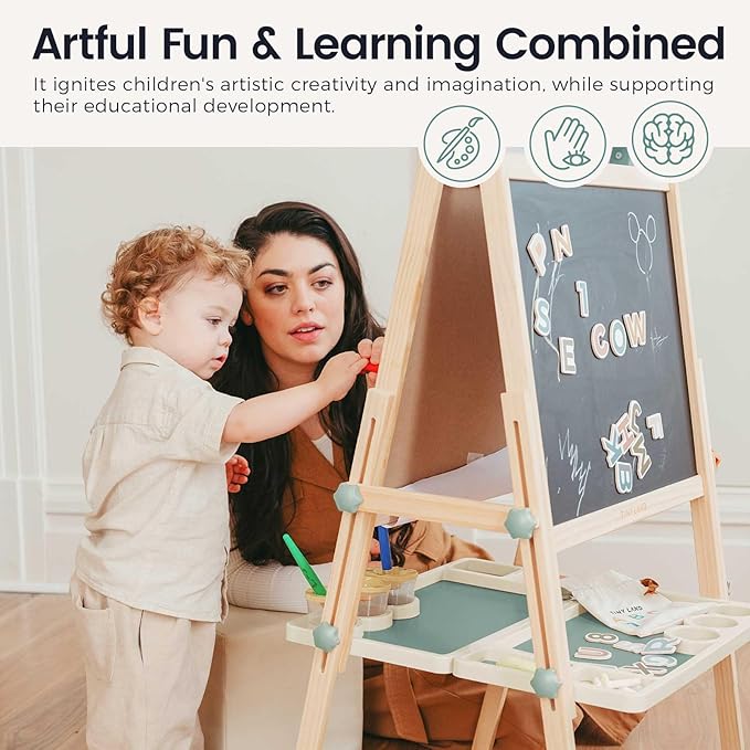 Tiny Land Easel for Kids, Double-Sided Magnetic Easel with Drawing Accessories, Adjustable Wooden Kids Art Easel with Paper Roll, Learning-Toy for 3,4,5,6,7,8 Years Old Boy & Girls Green