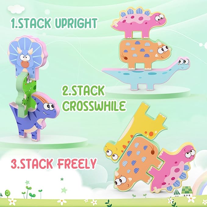 Montessori Toys for Toddlers, 10 Pack Wooden Dinosaur Stacking Blocks, Sorting & Stacking Preschool Learning Activities, Gift for Boys, Girls