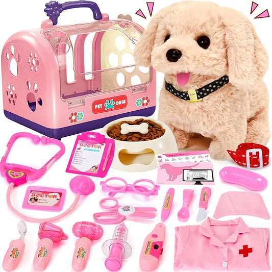 24 Pcs Dog Toys Doctor Kit for Kids, Walking and Barking Electronic Interactive stuffed Puppy Toy with Pretend Playset for Toddlers, Pet Care Veterinarian Toy Set, Girl Role Play Gift for 3-6 Year Old