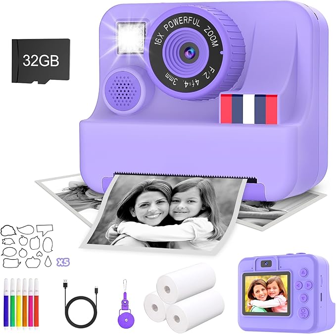 Instant Print Camera for Kids - Christmas Birthday Girls Gifts for Age 3 4 5 6 7 8 9 10 Year Old, 2.4 Inch Screen Kids Instant Camera, Toddler Camera Toys for Age 3-12 with 32 GB SD Card