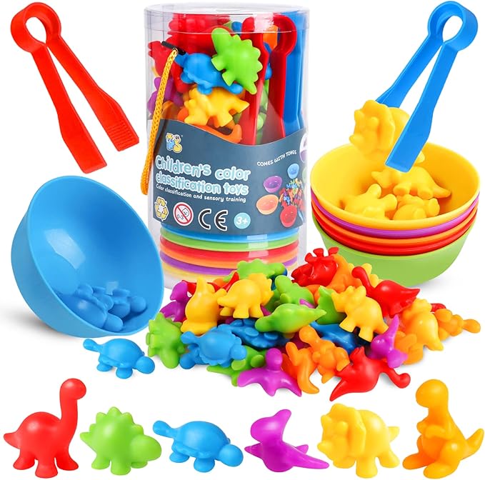 Skrtuan Counting Dinosaur Matching Toys with Sorting Bowls Montessori Preschool Educational Activities Learning Color Sorting Fine Motor Skills Sensory Toys Birthday Gift for 3 4 5 Year Old Boys Girls