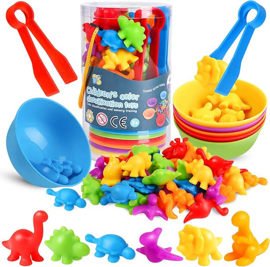 Skrtuan Counting Dinosaur Matching Toys with Sorting Bowls Montessori Preschool Educational Activities Learning Color Sorting Fine Motor Skills Sensory Toys Birthday Gift for 3 4 5 Year Old Boys Girls