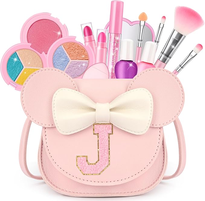 Kids Makeup Kit for Girls - 15 Pcs Real Washable Make Up Set - Non Toxic Toddlers Cosmetic with Letter Mouse Ear Purse - Dress up Birthday Gifts for 3 4 5 6 7 8 Years Old Girls - J