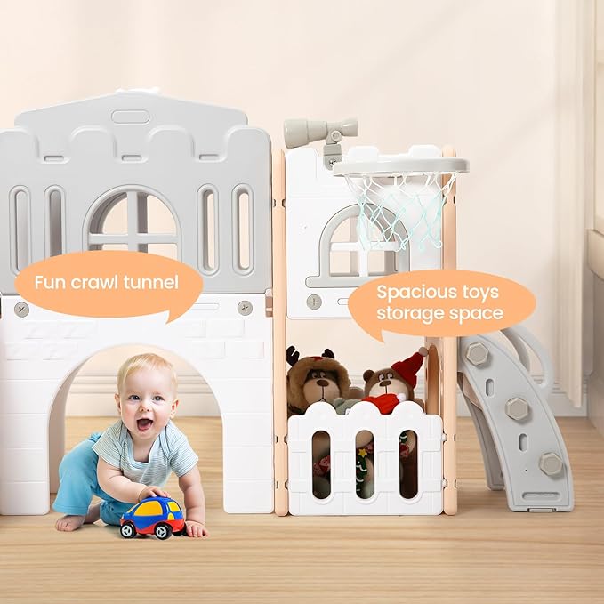 8 in 1 Toddler Slide Playset, Toddler Indoor Playground for Kids 1-3, Baby Outdoor Indoor Playset with Slide, Climber, Tunnel, Basketball Hoop, Toy Storage and Telescope for Toddlers Age 1-3