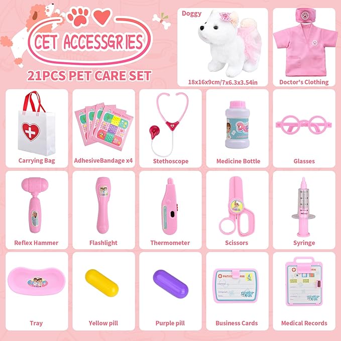 Kids Pet Doctor Kit for Toddlers, 21PCS Kids Doctor Playset with Plush Dog, Medical Toys, Stethoscope, Dress Up Costume, Carrying Bag,Christmas Birthday Gifts for Ages 3 4 5 6 7 8 Year Old Girls