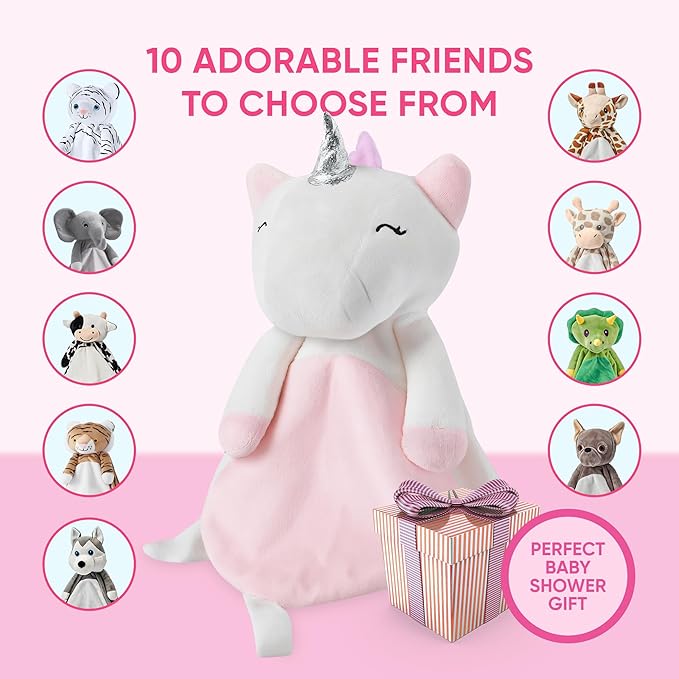 Baby Sleep Soother Pink & White Unicorn Plush with Heartbeat & Lullaby Sounds, 4-in-1 Sound Machine, Security Blanket & Pacifier Holder, Baby Registry Essential & Christmas Gift for Newborns & Infants