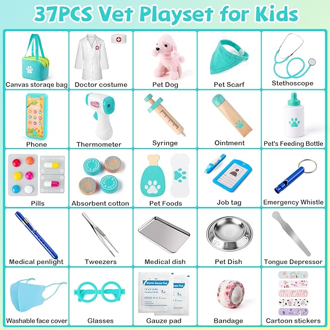 Sundaymot Doctor Kit for Kids, 37PC Pretend Play Doctor Toys, Doctor Kit for Toddlers 3-5, with Dog Toy, Medical Bag, Stethoscope and Other Accessories, for Boys and Girls Fun Role Playing Game