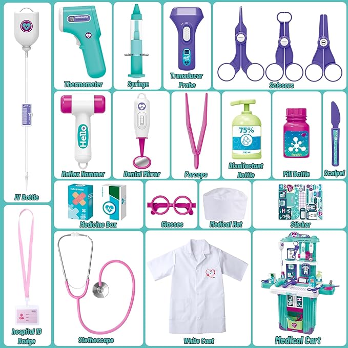 Gifts2U Doctor Kit for Toddlers 3-5, 3 in 1 Kids Doctors Cart Plays Set with Costume,Stethoscope, Thermometer, Medical Pretend Play Toys for Girls Boys