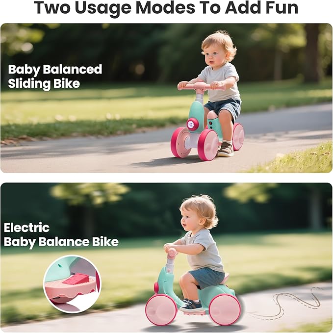 Electric Baby Balance Bike with Bubble Machine for 1 Year Old Boys Girls 4 in 1 Toddler Balance Bike 12-48 Month Kids Bubble Bike Ride Toys First Birthday Gift with Powered Motor,Music,LED Lights