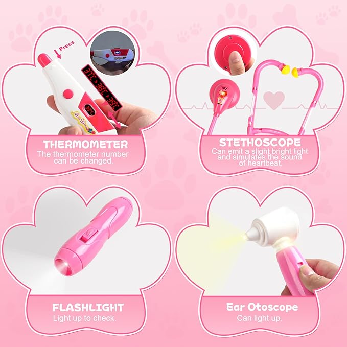 Doctor Kit for Toddlers 3-5 Dress Up for 2+ Year Olds Girls Pretend Veterinarian Toddler Doctor Play Set with Stethoscope Pink Costume Dog Toy Christmas Birthday Gifts for 2 3 4 5 6 Year Old Girls