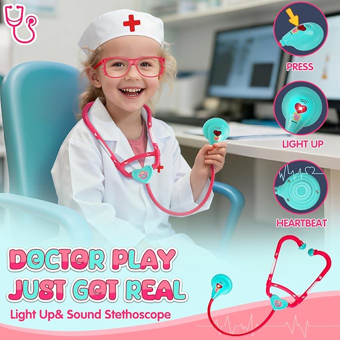 Upgraded Doctor Pretend Playset for Toddlers, Pretend Play Medical Toy Doctor Cart, Doctor Toy for Toddlers 3-5, Christmas Birthday Costume Role Play Dress Up Gift Ideas for Boys Girls(Pink)