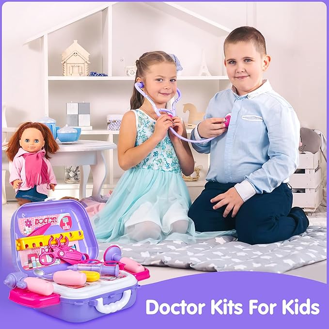 GIFTINBOX Kids Doctor Kit for Girls and Boys , Purple Doctors kit for Kids 22 Pieces Pretend Play Medical Toys Set with Roleplay Doctor Costume and Carry Bag for Little Girls-B